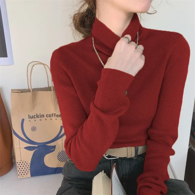 Lapel Women's Slim Bottoming Sweater Wine Red - Shop at LoveMi