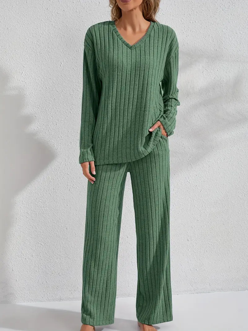 Women’s Ribbed Long Sleeve Top and Pants Loungewear Set