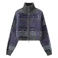 Retro Contrast Colour Atmosphere Sweater Women's Loose Short - Purple - View 1