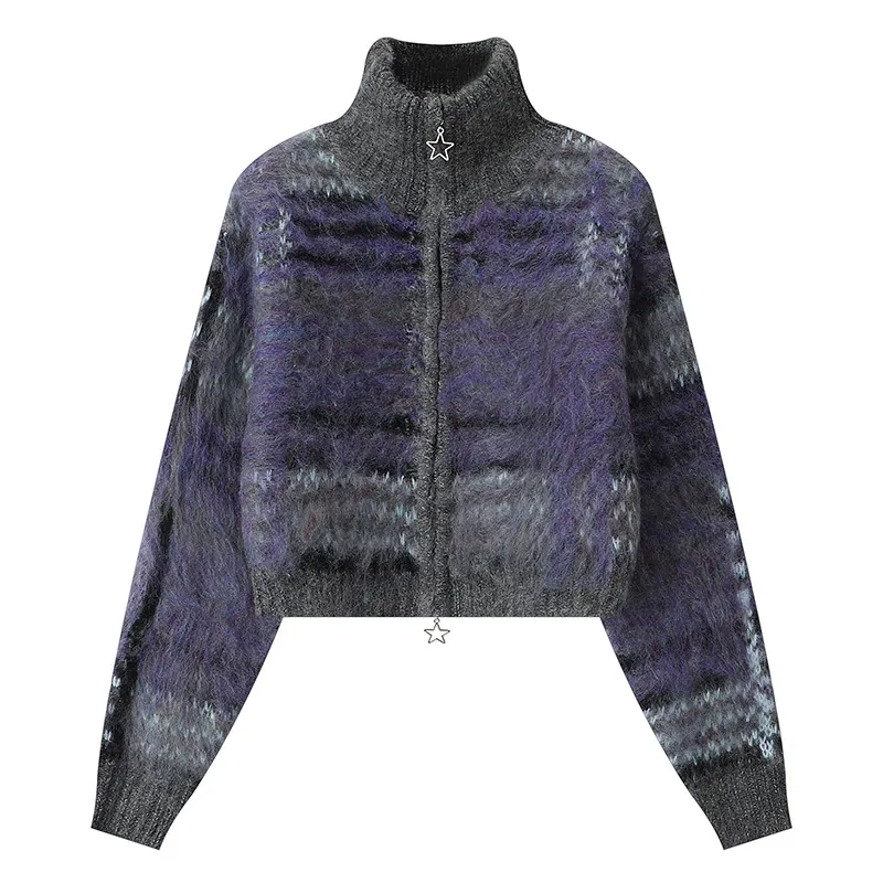 Retro Contrast Colour Atmosphere Sweater Women's Loose Short - Purple