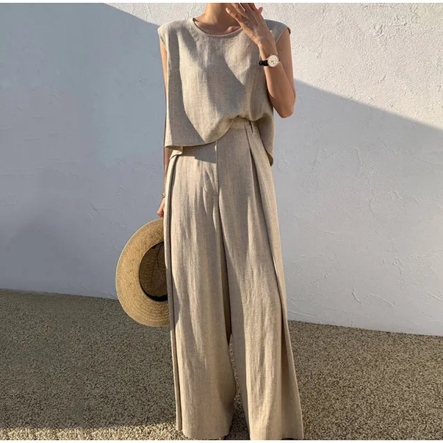 Cotton And Linen Casual Sleeveless Top Wide Leg Pants Two piece Set Khaki - Shop at LoveMi