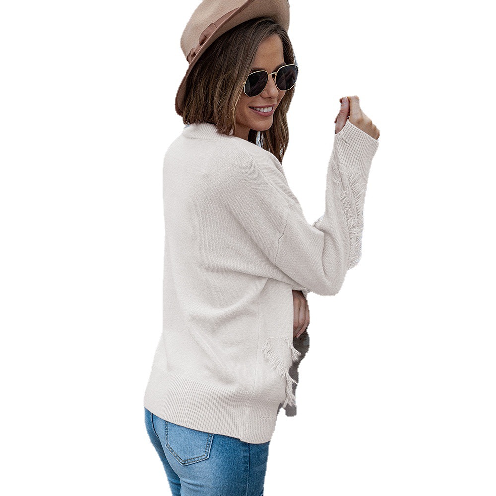 Knitted Pullover Plus Size Women's V-neck Tassel Pocket Pullover Long Sleeve Sweater Female