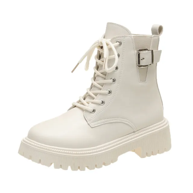 British Style Belt Buckle Lace Black Booties Autumn Winter Boots Beige - Shop at LoveMi