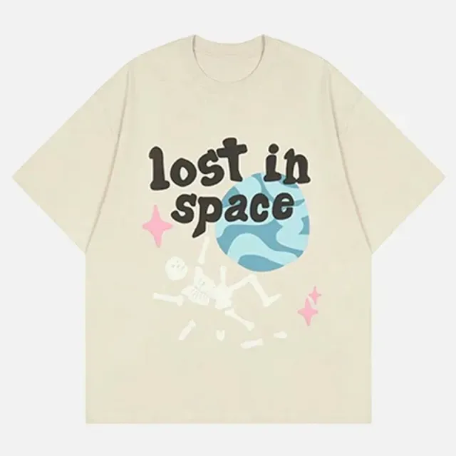 Skull Print Pure Cotton Loose T shirt Short Sleeve Top Apricot - Shop at LoveMi