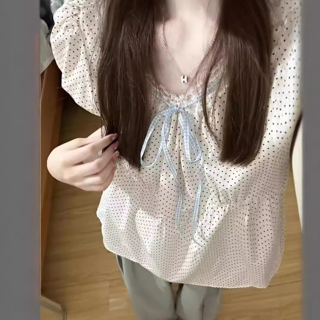 Women's Polka Dot Puff Sleeve French Top