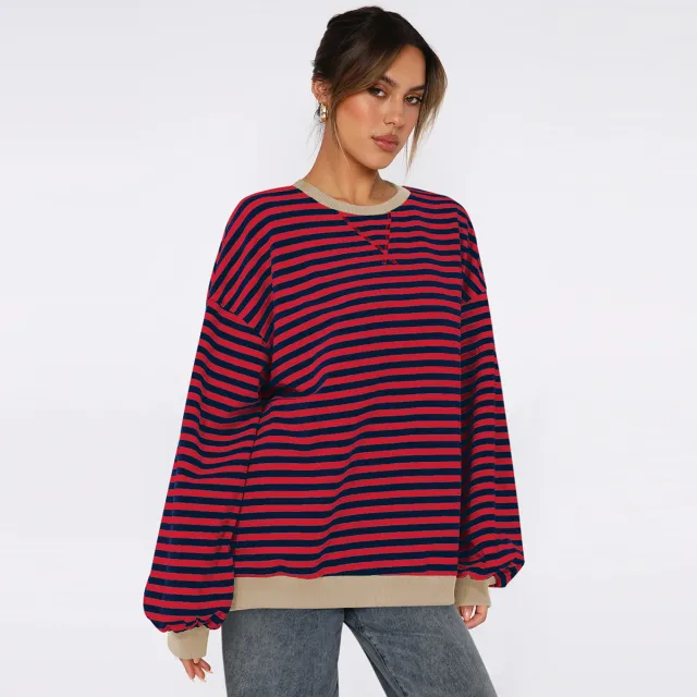 Women's Fashion Round Neck Striped Sweater Loose Bishop Sleeves Top Blue - Shop at LoveMi