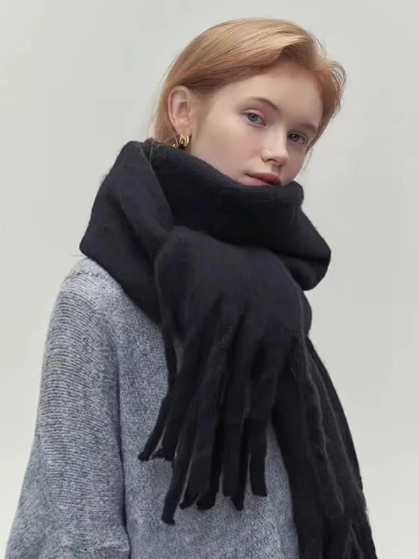 Women's Wool like Autumn And Winter Solid Color Comfortable Scarf Black - Shop at LoveMi
