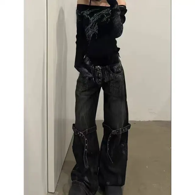 Retro Jeans Lace up Deconstructed Wide leg Pants Loose Trousers Black - Shop at LoveMi