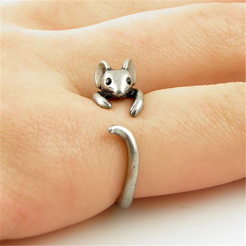 S925 Sterling Silver Female Ring Distressed Little Mouse Ring