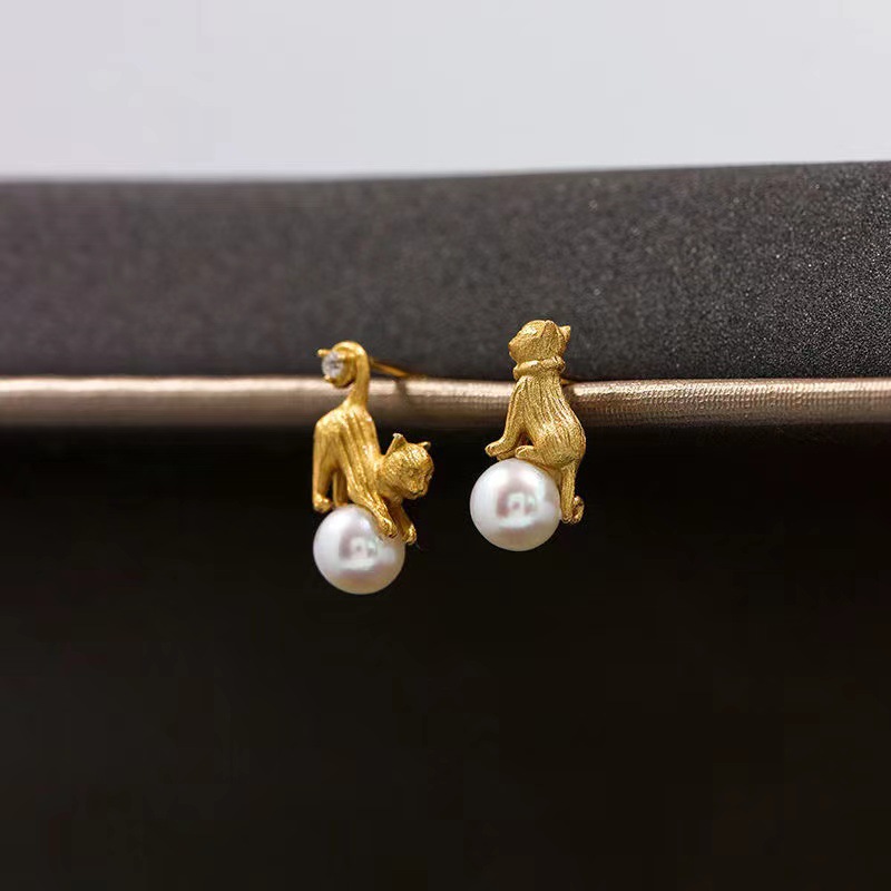 Cute Cat Ear Studs Fun And Cute Asymmetric Pearl Earrings