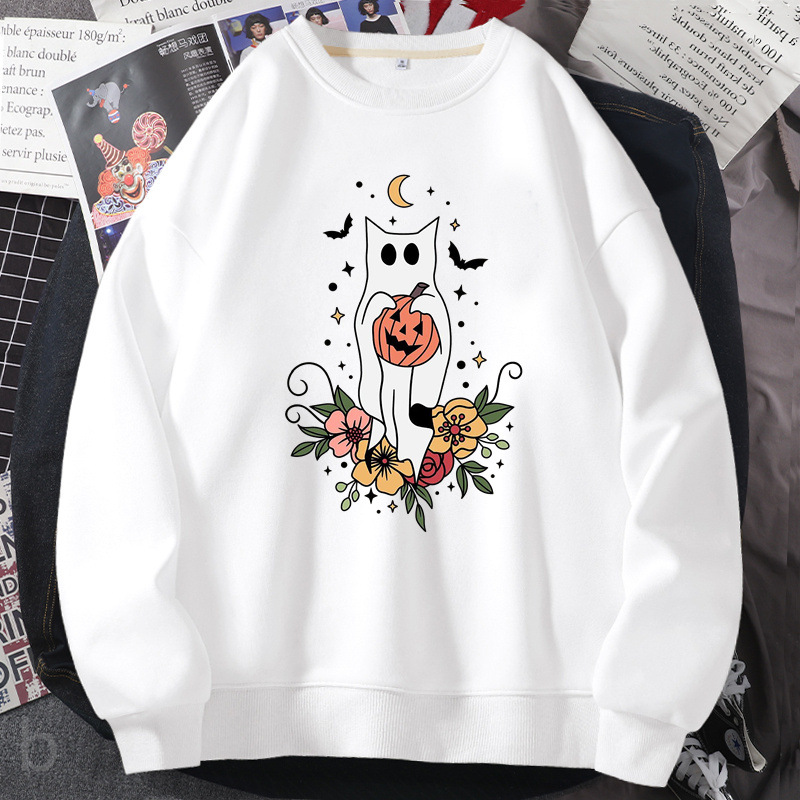 Halloween Ghost Sweatshirt Women Female Cute Funny Cat Scare