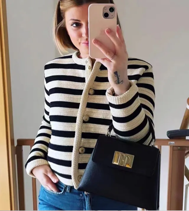 Buckle Striped Classic Style Knitted Cardigan Sweater Short Coat White Stripes - Shop at LoveMi