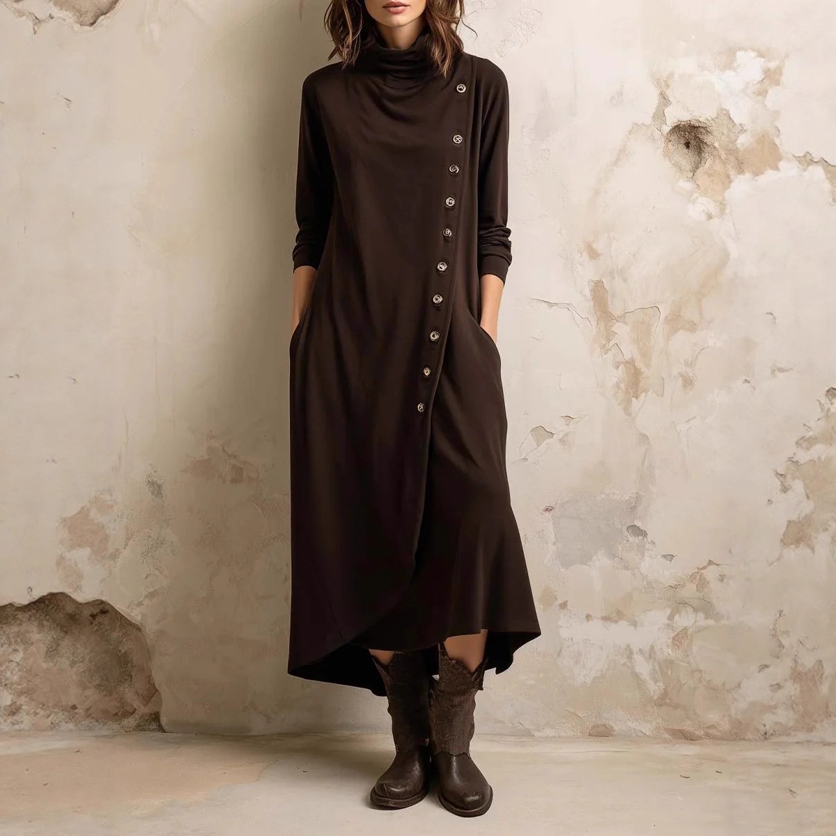 High-neck Pocketed Button-front Long-sleeve Elegant Dress