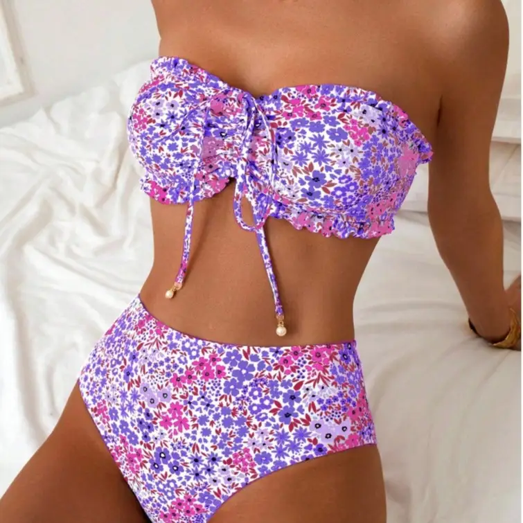 High-end Printed Bikini Sexy Lace-up Tube Top Floral Split Swimsuit