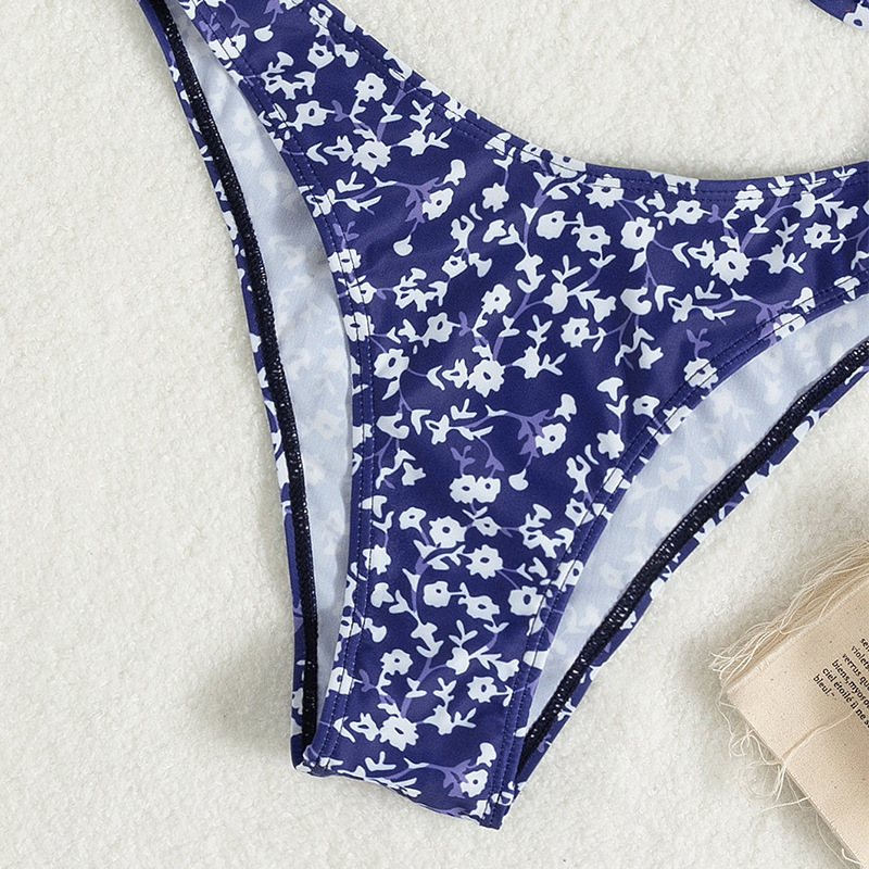Floral Gather Backless Split Swimsuit High Waist Triangle Bikini - Image 4