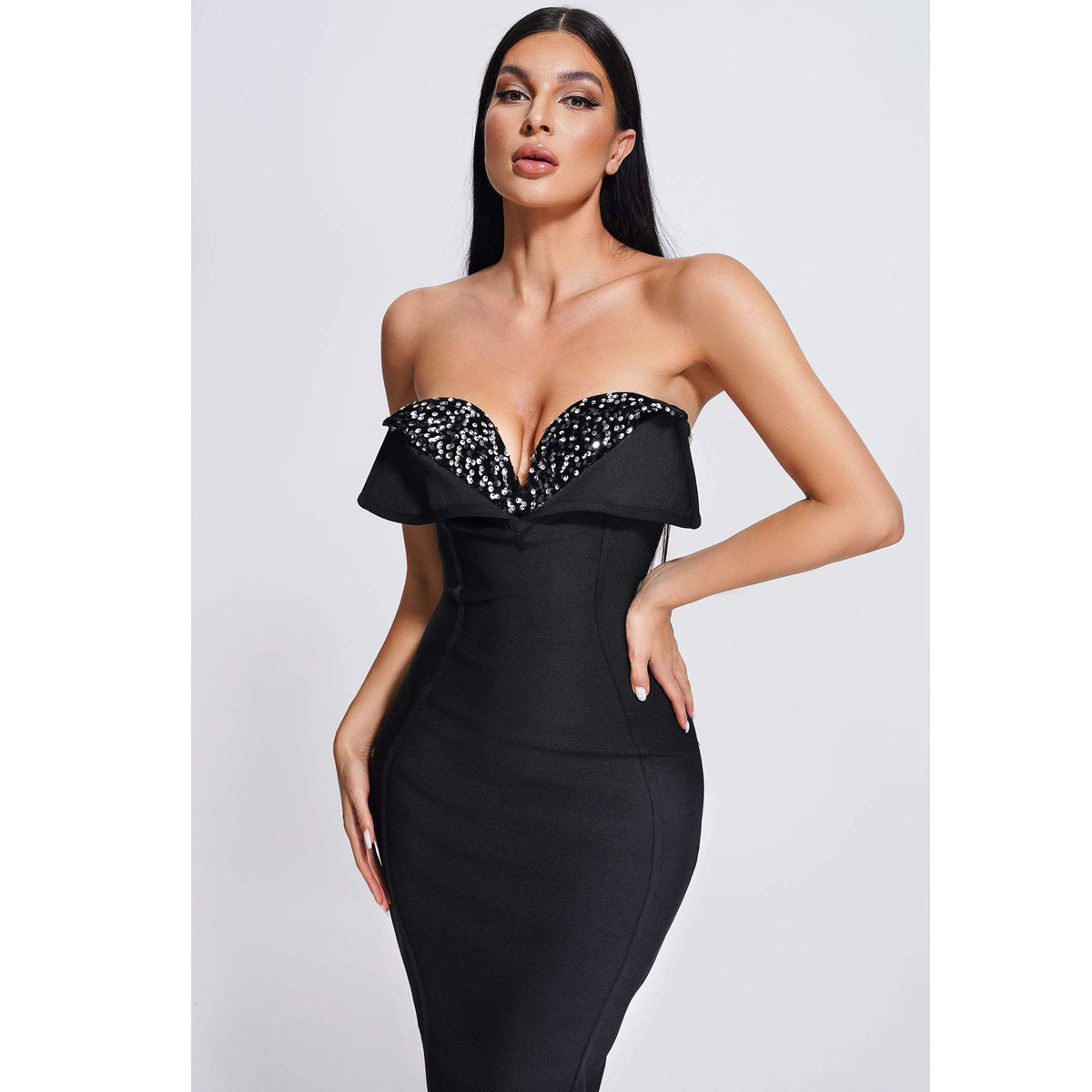Women's High Elastic Knitted Sequins Strapless Long Type Slimming Bandage Dress