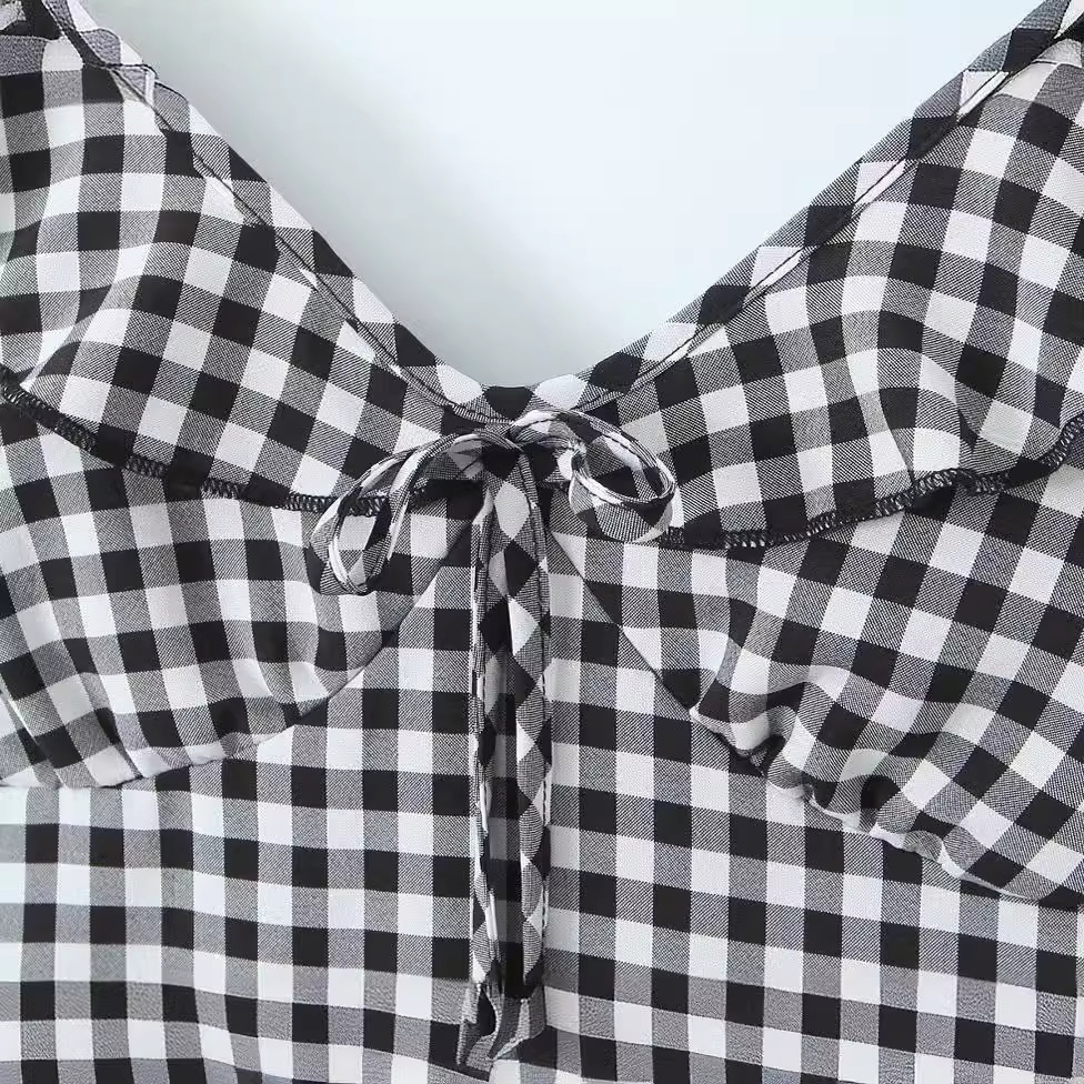 Sweet Plaid Waist Trimming Spaghetti Straps Dress