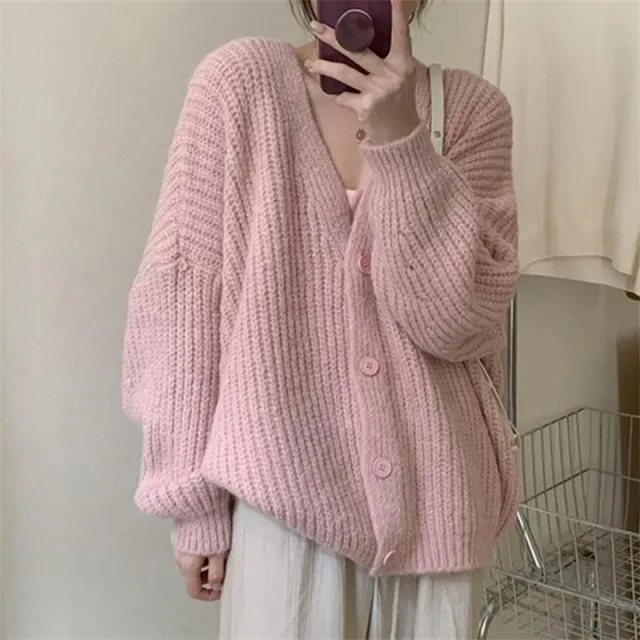 V neck Knitted Cardigan Women's Thick Needle Loose Sweater Pink - Shop at LoveMi