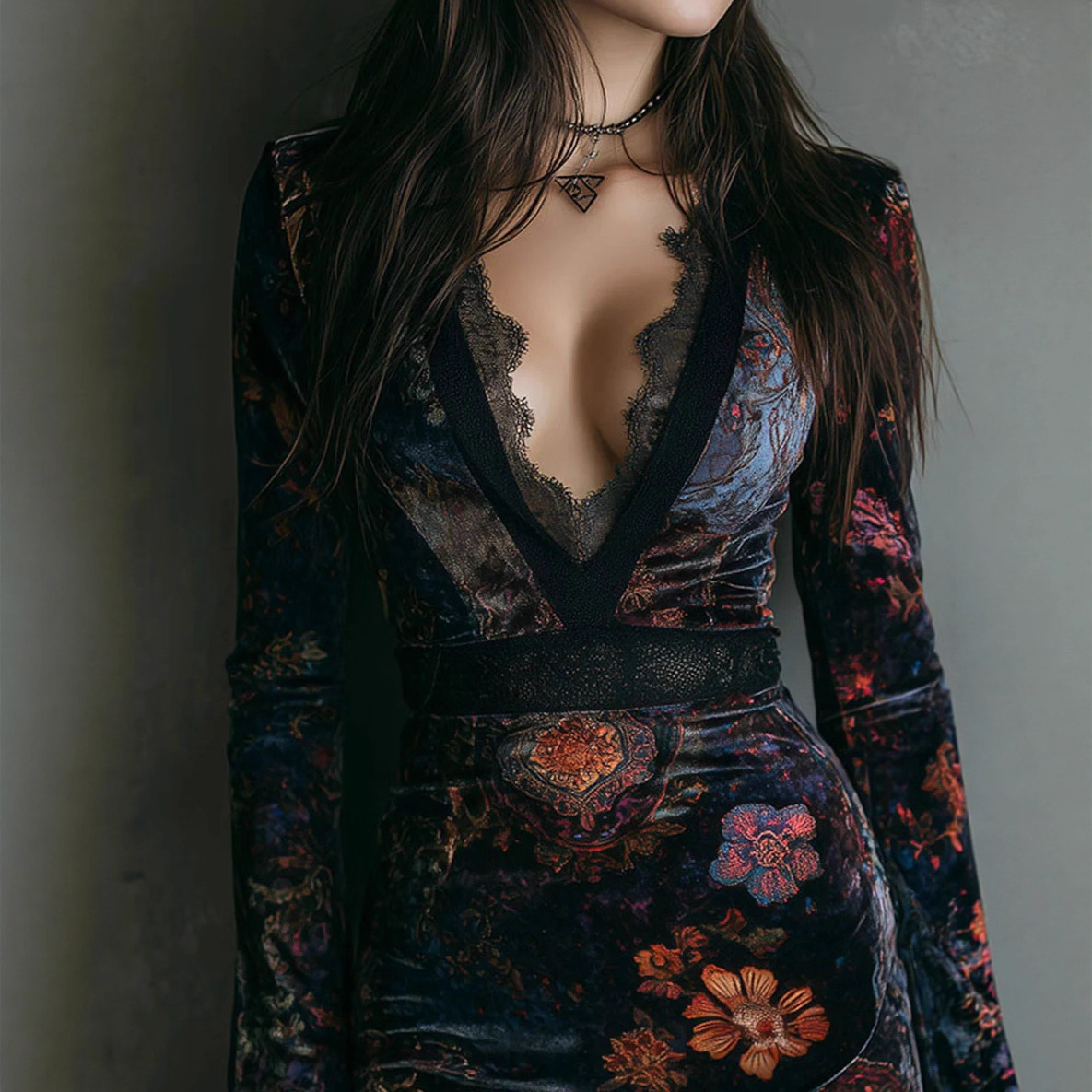 Retro-chic Velvet Cheongsam Dress With Floral Print, Fitted Waist, And Slimming Effect - Image 3