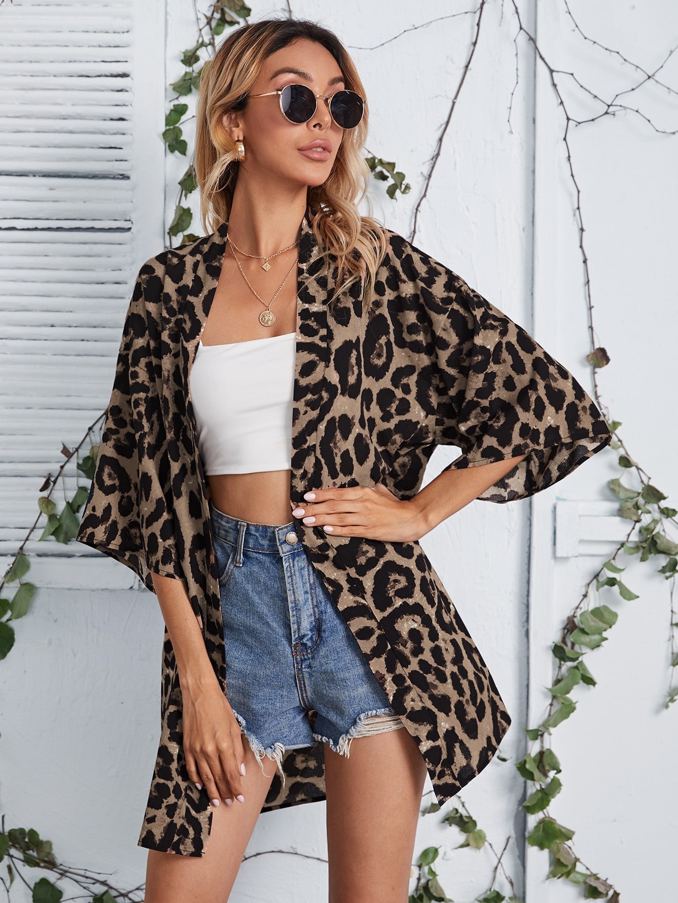 Sheer Leopard-Print Womens Casual Cardigan Coat