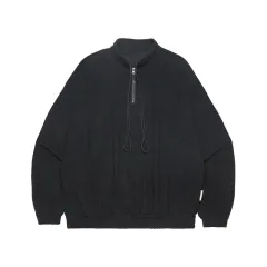 Stand Collar Zipper Drawstring Design Loose Couple Retro Autumn Winter Sweater - Black - View 1