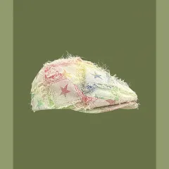 Colorful Plaid Five-pointed Star Advance Hats Women's Korean-style Anti-wear Distressed Edging Beret - White - View 1