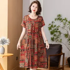 Middle-aged And Elderly Women's Cotton Silk Printing Maxi Dress - No 56-4Xl - View 1