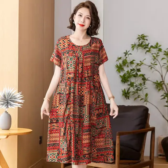 Middle aged And Elderly Women's Cotton Silk Printing Maxi Dress No 56 4Xl - Shop at LoveMi