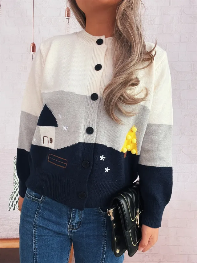 Casual Cute Knitted Village Cottage Jacquard Round Neck Contrast Color Sweater White - Shop at LoveMi
