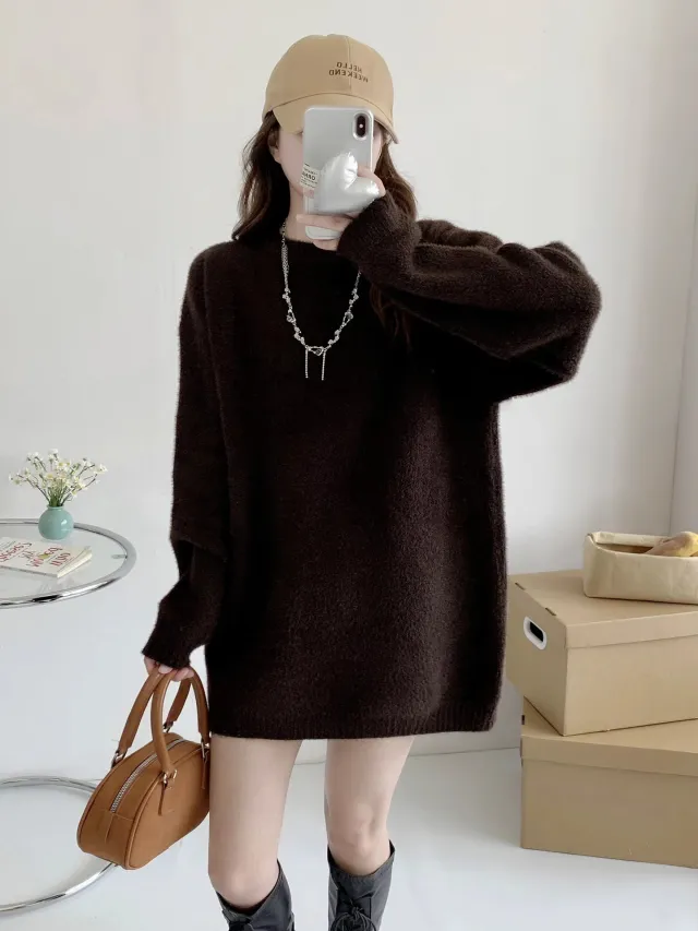 Mid length Autumn And Winter Knitwear Mink like Wool Brown - Shop at LoveMi