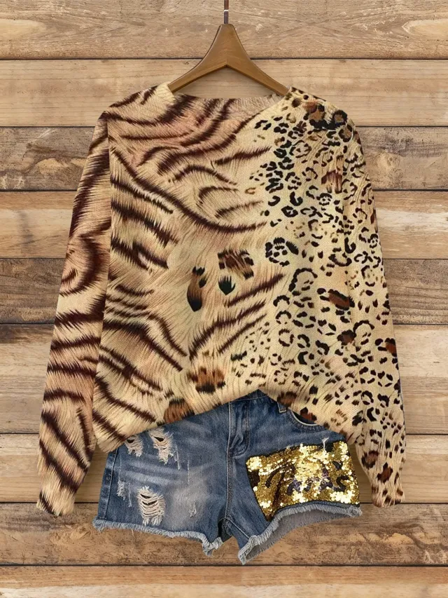 Women's Leopard Print Patchwork Fashionable Minimalist Knitted Top Leopard - Shop at LoveMi