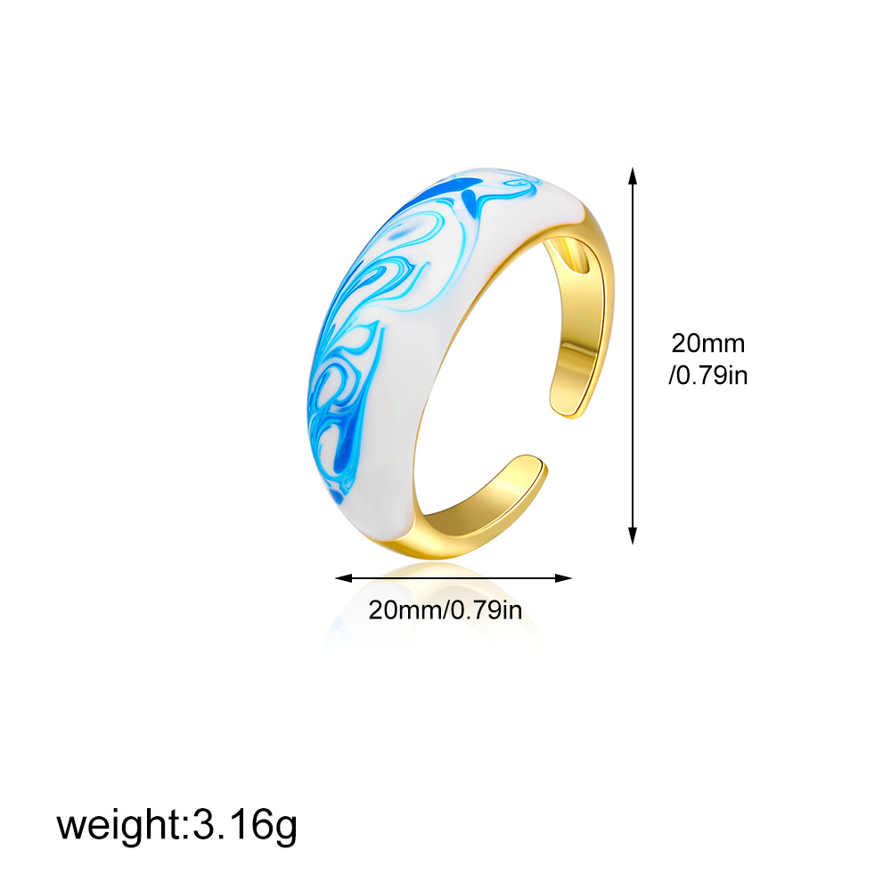 Vintage Enamel Oil-Blue And White Pattern Ring For Women