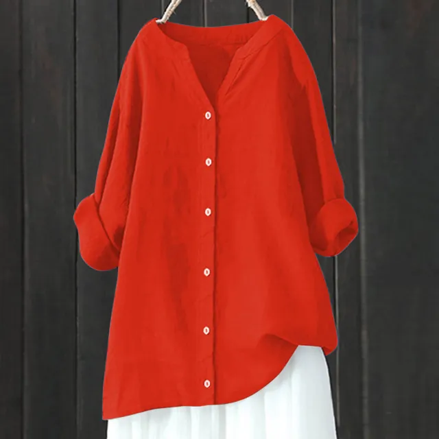 Women's Cotton And Linen Long Sleeve Button Shirt Bright Red - Shop at LoveMi