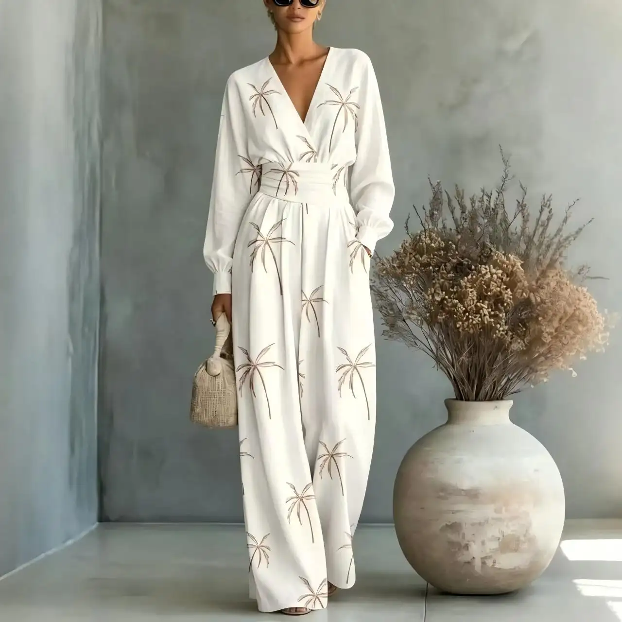 V-neck Long-sleeve Womens Printed Jumpsuit