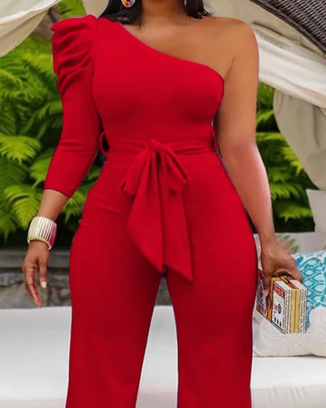 Solid Color Stitching Slant Shoulder Waist One piece Wide leg Pants Red - Shop at LoveMi