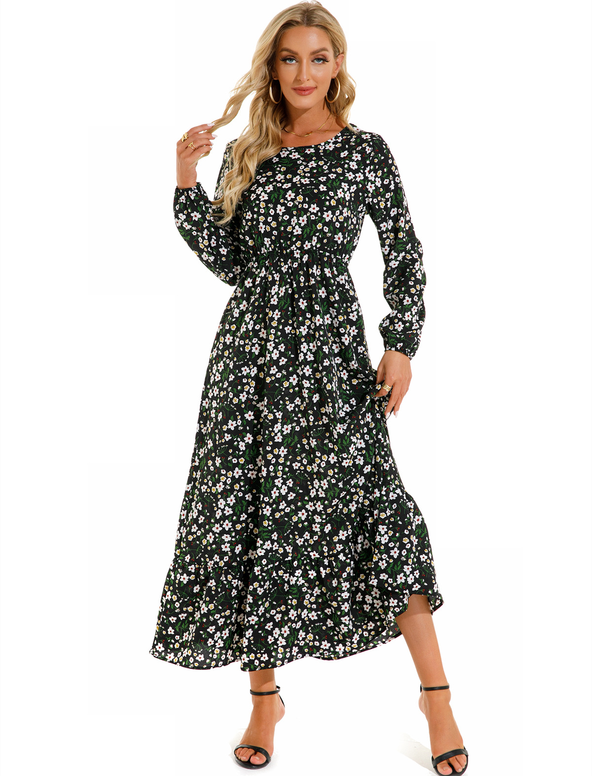 Womens Versatile Round-neck Floral Chiffon Dress