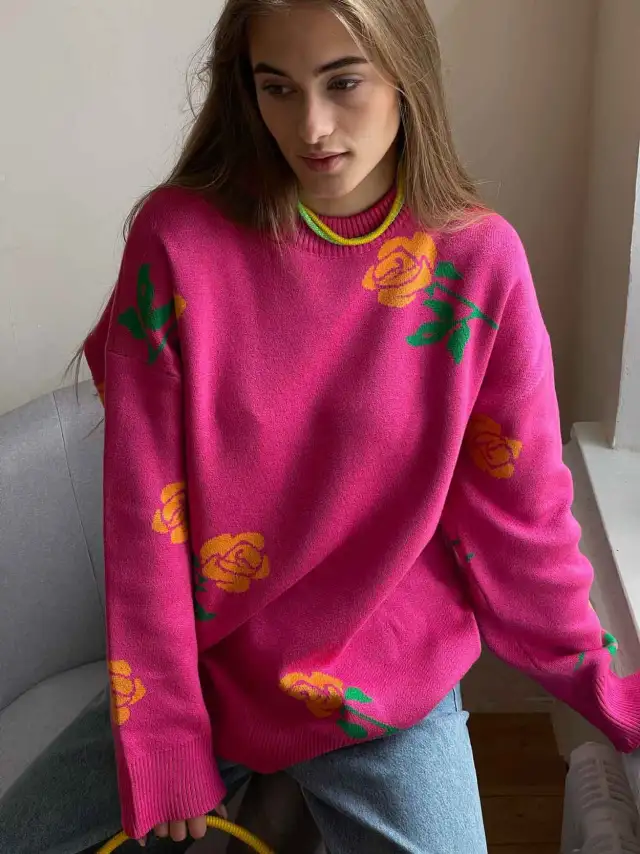 Women's Round Neck Rose Printed Sweater Sweater Red - Shop at LoveMi