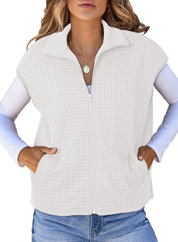 Women's Lapel Zipper Waffle Pocket Sports Vest - White