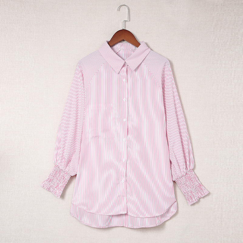 Striped Stand Collar Loose Smocking Bubble Long Sleeve Shirt For Women