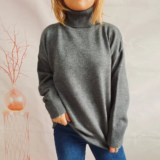 Top Solid Color Turtleneck Long Sleeve Sweaters Pullover Women Gray - Shop at LoveMi