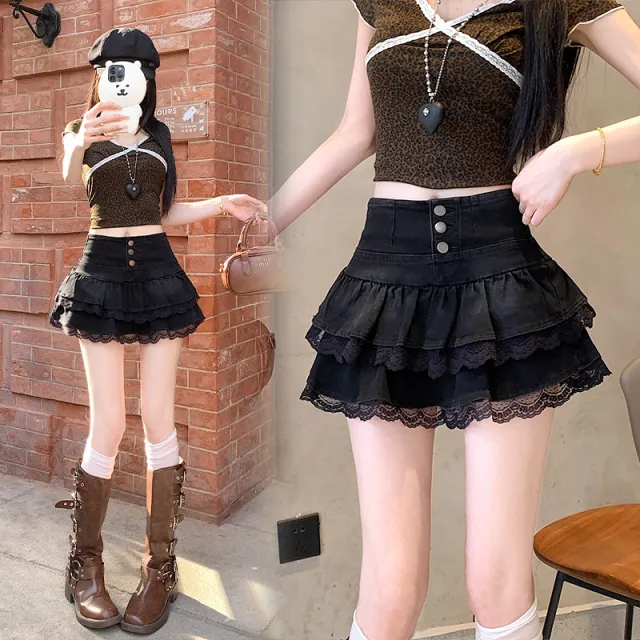 Pure Style Double layer Lace Ruffled Denim Skirt Women Black - Shop at LoveMi