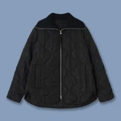 C Casual Loose Knitted Lapel Quilted Rhombus Plaid Cotton Coat Jacket - Black - View 1