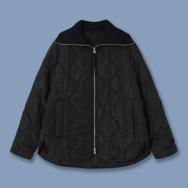 C Casual Loose Knitted Lapel Quilted Rhombus Plaid Cotton Coat Jacket Black - Shop at LoveMi