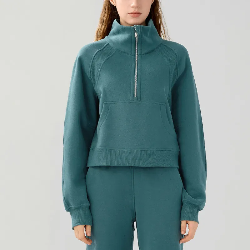 Women's Half-zip High-stand Collar Pullover Leisure Warm Fleece Sweater - Greenstone