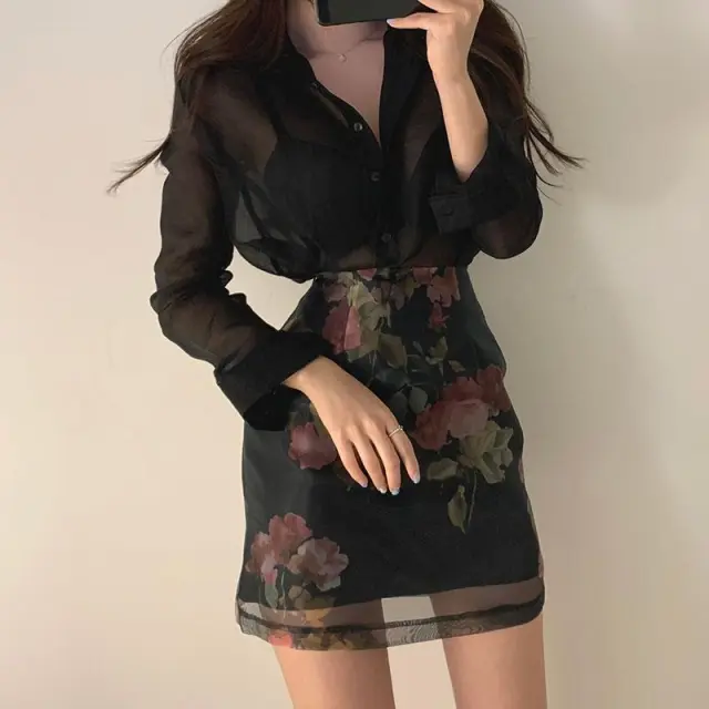Sun Protection Shirt High Waist Color Printing Chiffon Skirt Black Overskirt - Shop at LoveMi