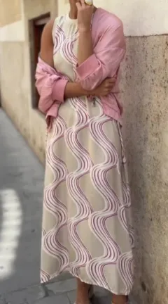 Printed Dress Two-piece Set With Cloak - Striped Print And Pink Cloak - View 1