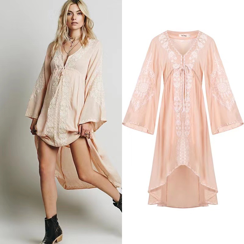 Bohemian Exquisite Embroidery High And Low Hem Flare Sleeve Dress Lotus Root Color - Shop at LoveMi