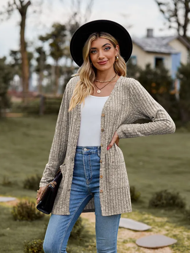Fall Women's Clothing Sunken Stripe Solid Color Long Sleeve Women's Sweater Khaki - Shop at LoveMi