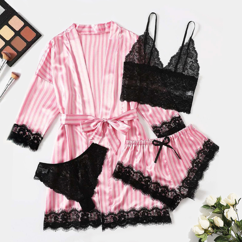 Lingerie Satin Striped Coat Lace Bra Underwear Four piece Set Striped Black - Shop at LoveMi