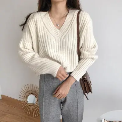French Retro Loose And Lazy Style Pullover Sweater Design Sense Niche V neck White - Shop at LoveMi